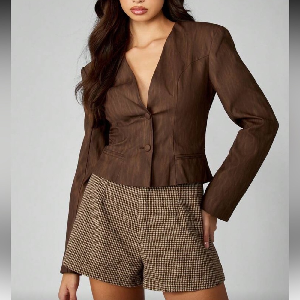 Faux leather shoulder padded button brown cardigan blazer style top -thick/lined
